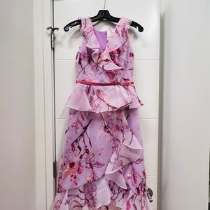 Marchesa Notte Lilac Floral Print Midi Length Dress